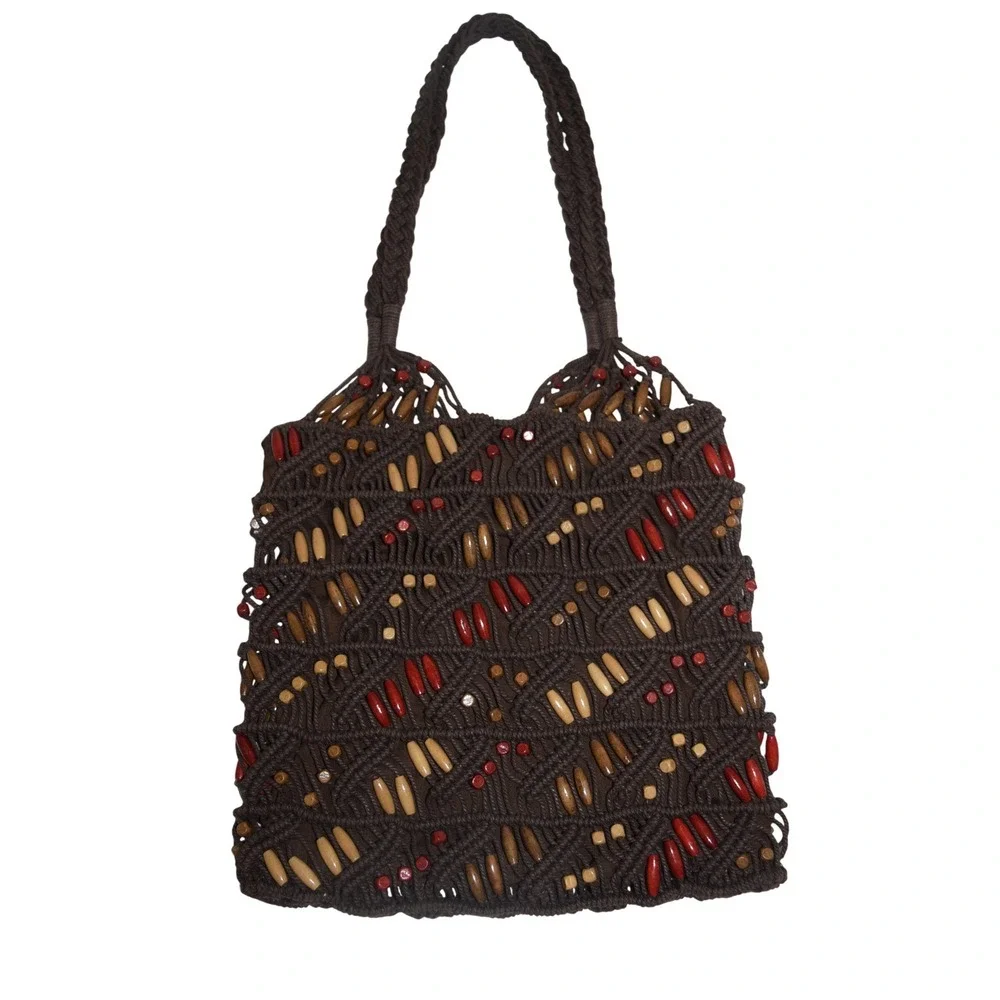 Macrame Purse Tote Bag Womens Medium Brown EUC Beaded Boho‎ Shoulder